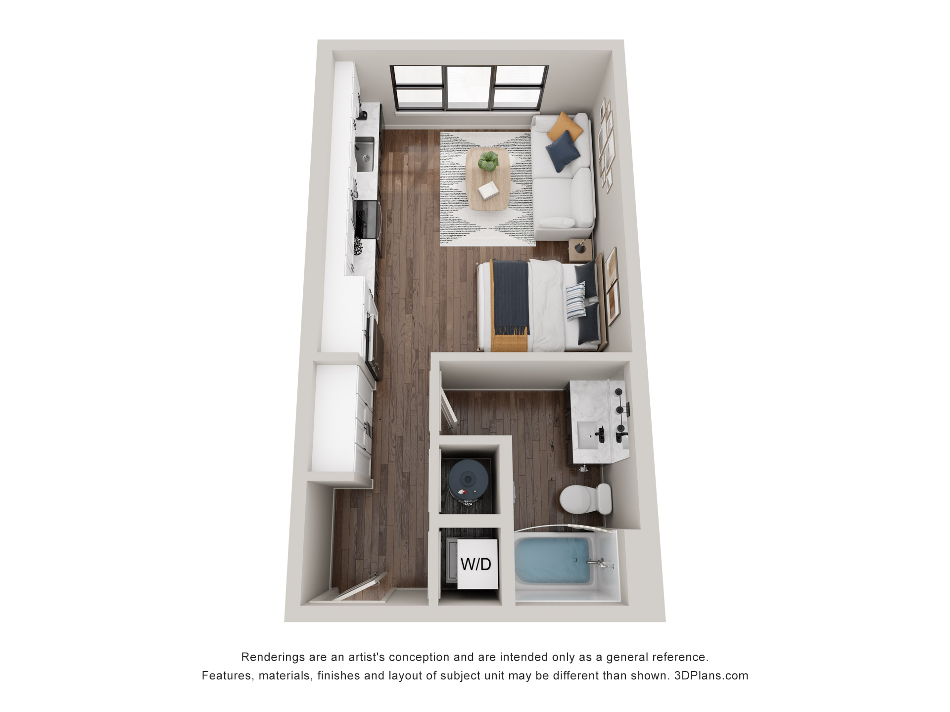 A 3D image of the The Haywood floorplan, a 464 squarefoot, 0 bed / 1 bath unit