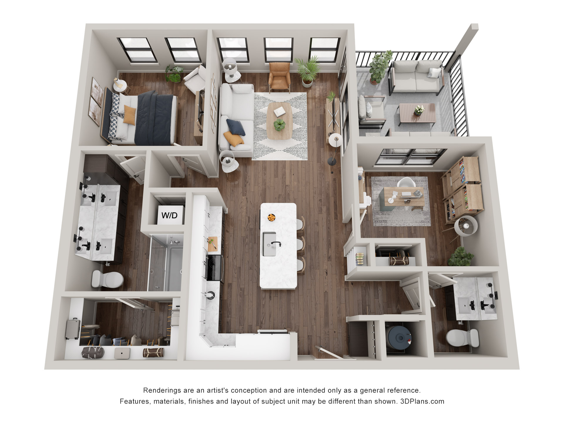 A 3D image of the The Pearl floorplan, a 1014 squarefoot, 1 bed / 1.5 bath unit