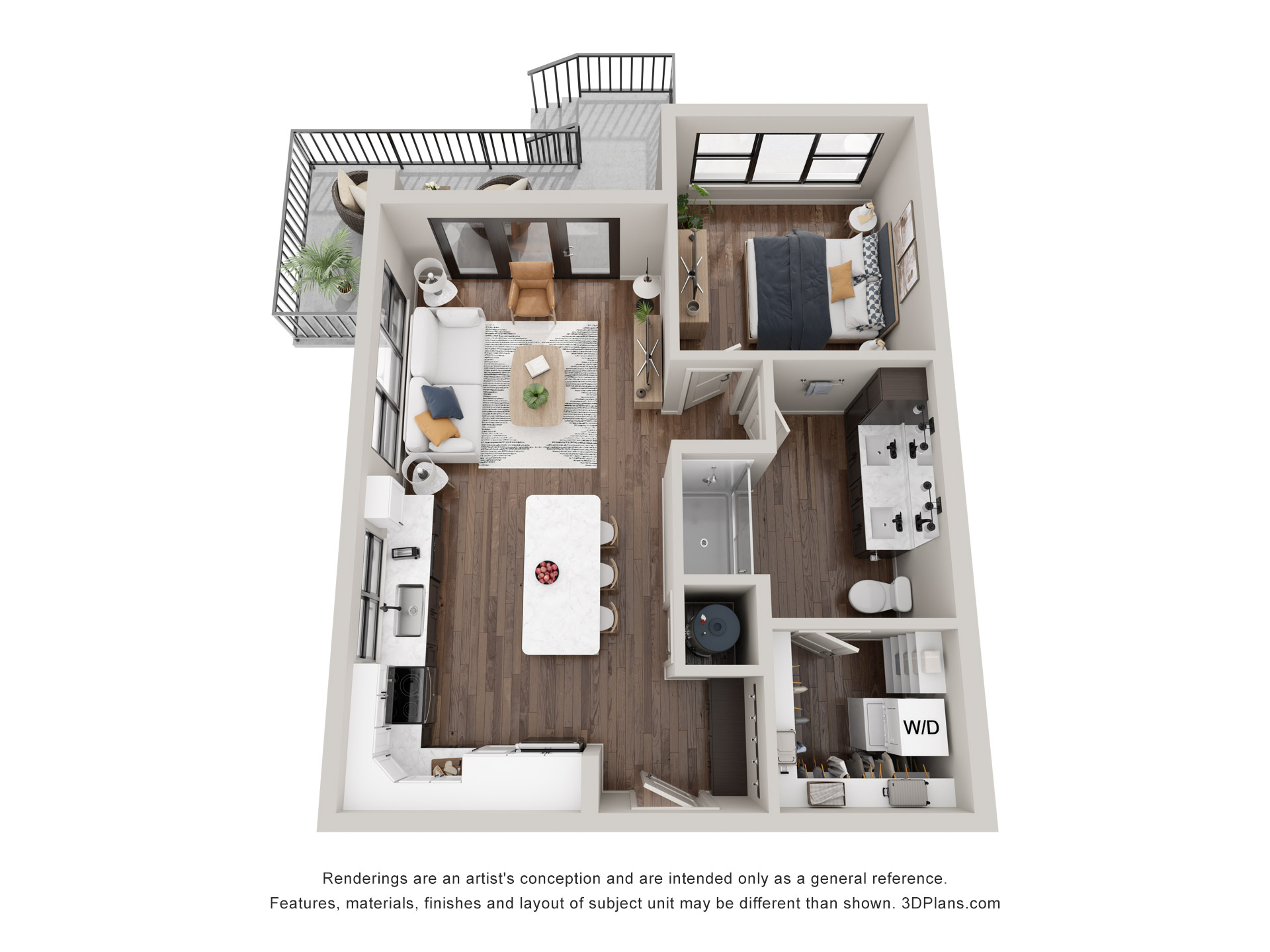 A 3D image of the The Blue floorplan, a 720 squarefoot, 1 bed / 1 bath unit