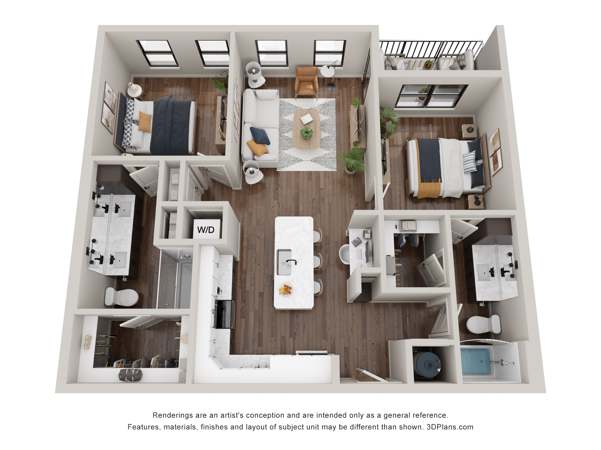 A 3D image of the The Merrimon floorplan, a 1066 squarefoot, 2 bed / 2 bath unit