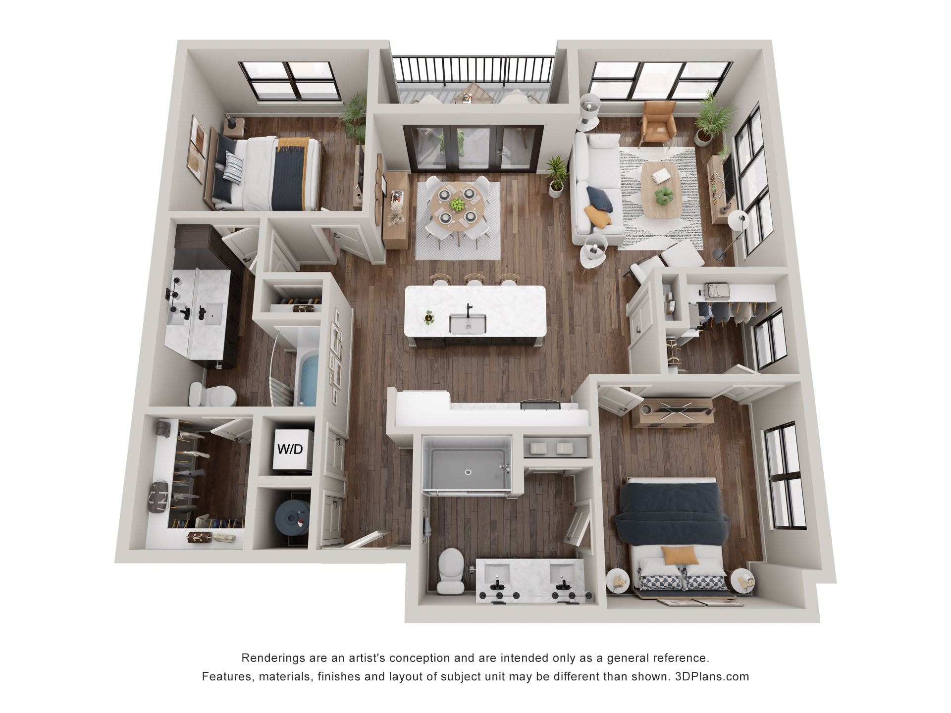 A 3D image of the The Bellamy floorplan, a 1155 squarefoot, 2 bed / 2 bath unit