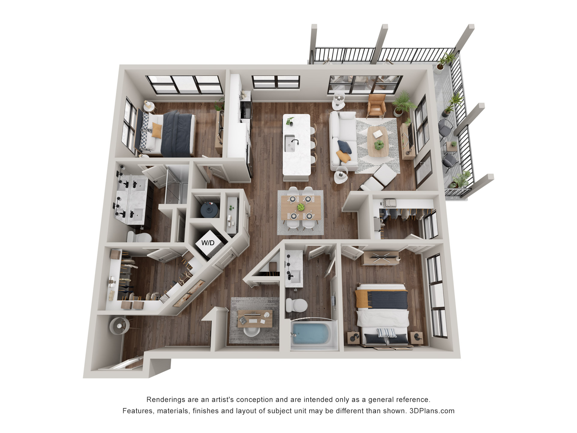 A 3D image of the The Montford floorplan, a 1171 squarefoot, 2 bed / 2 bath unit