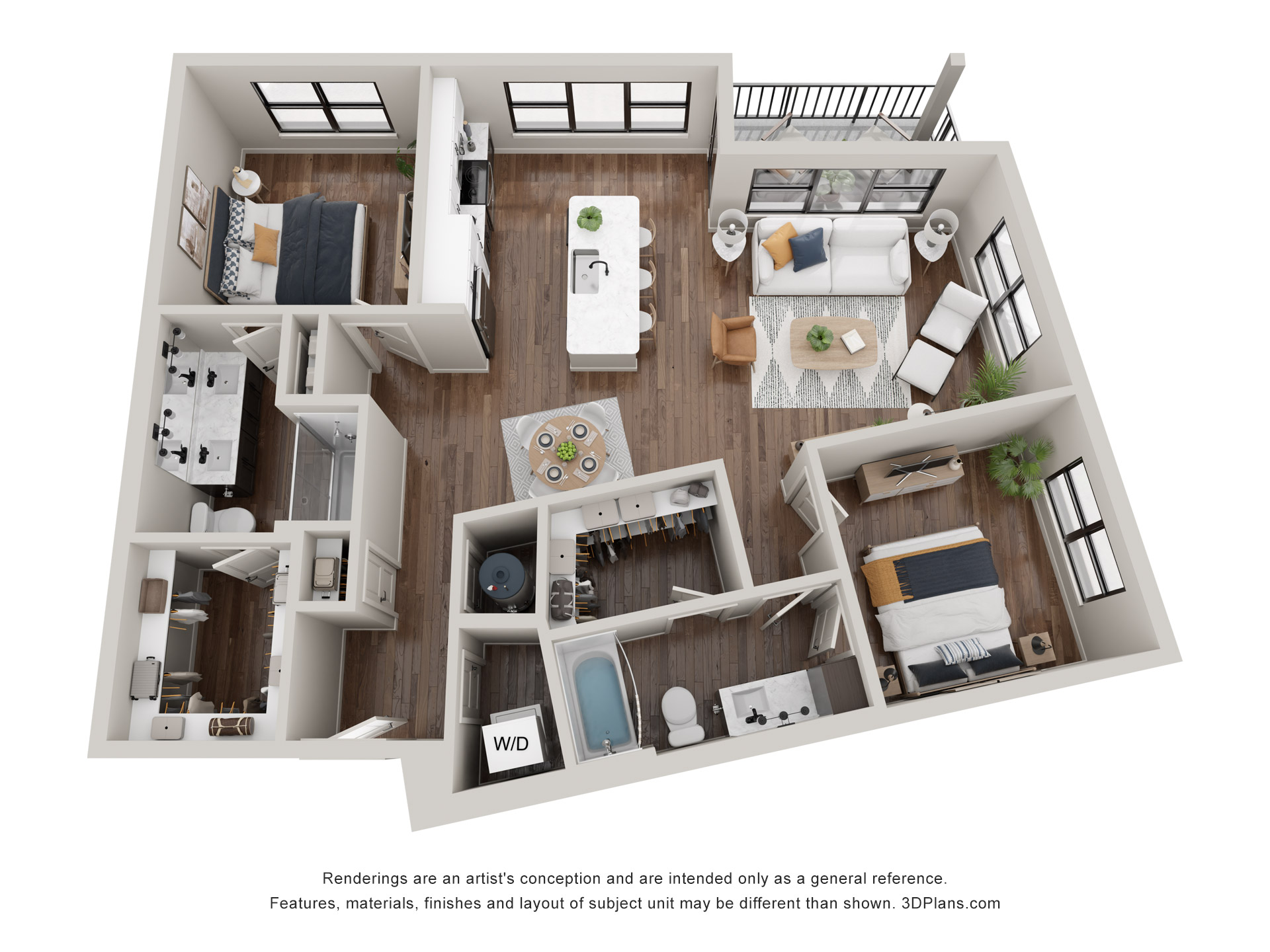 A 3D image of the The Biltmore floorplan, a 1182 squarefoot, 2 bed / 2 bath unit