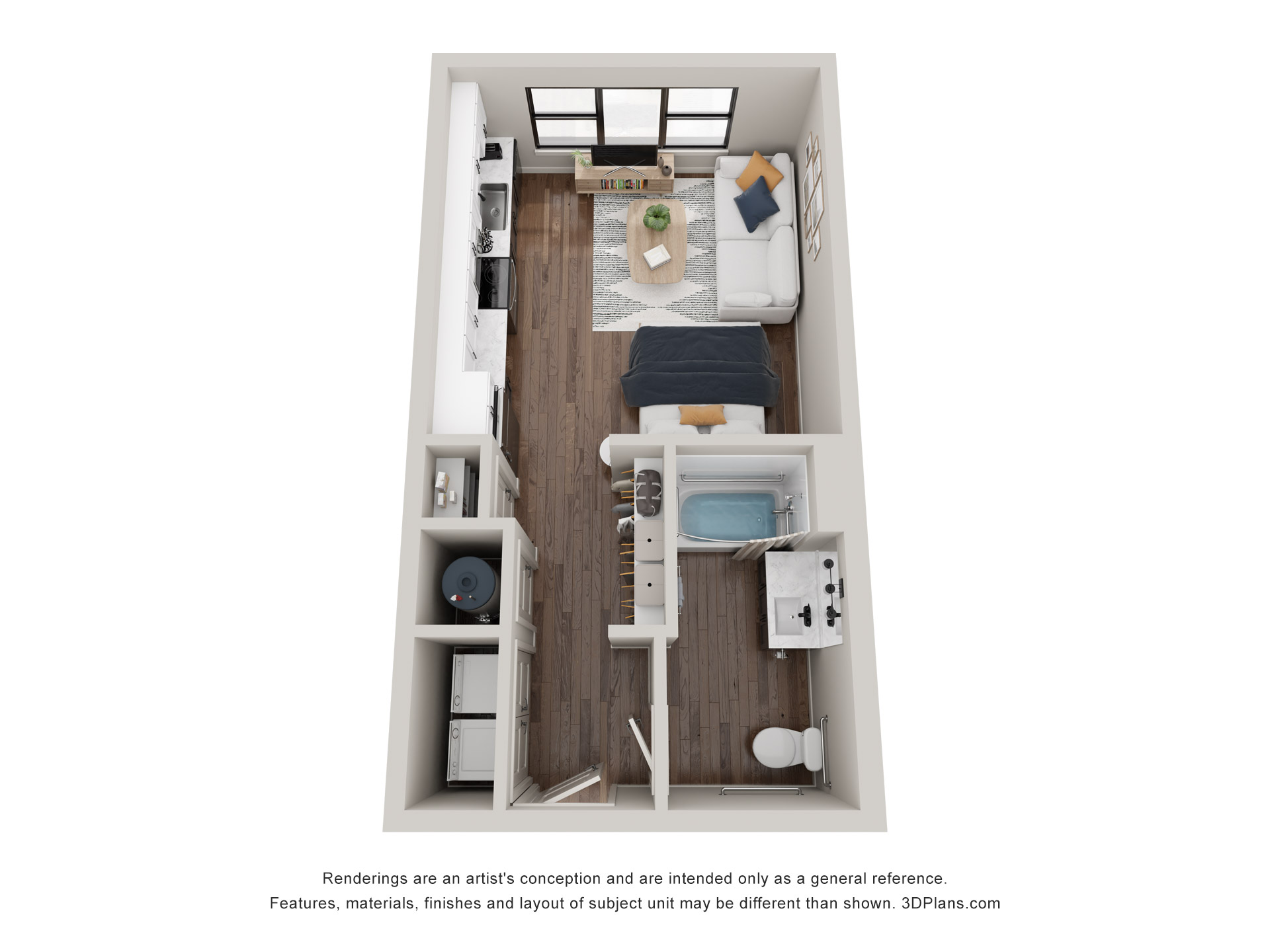 A 3D image of the The Aston floorplan, a 464 squarefoot, 0 bed / 1 bath unit