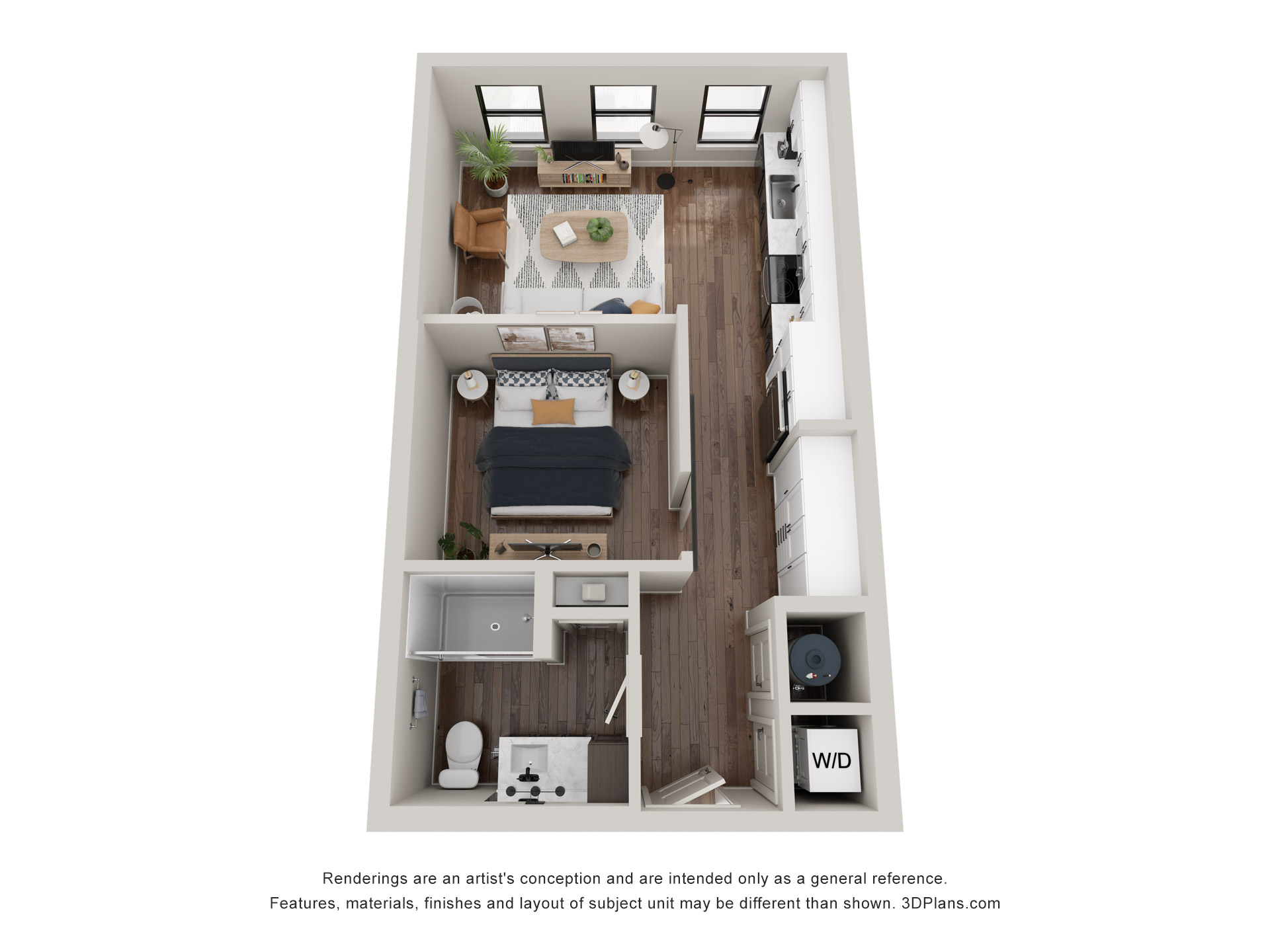 A 3D image of the The Ashland floorplan, a 558 squarefoot, 0 bed / 1 bath unit