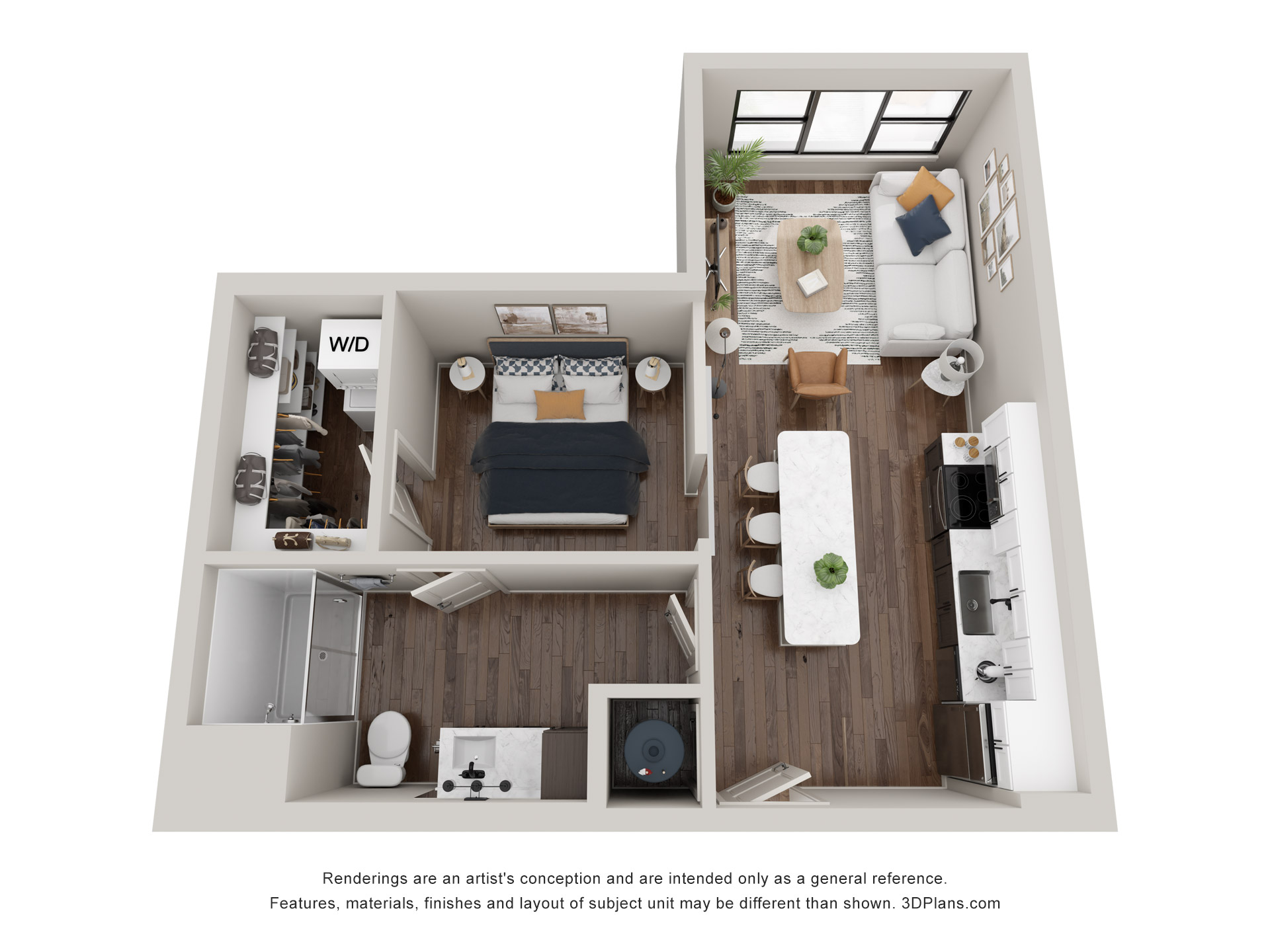 A 3D image of the The Pritchard floorplan, a 608 squarefoot, 0 bed / 1 bath unit