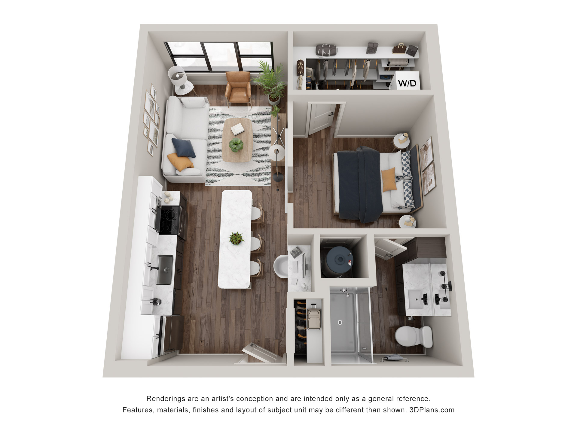 A 3D image of the The Clingman floorplan, a 588 squarefoot, 0 bed / 1 bath unit