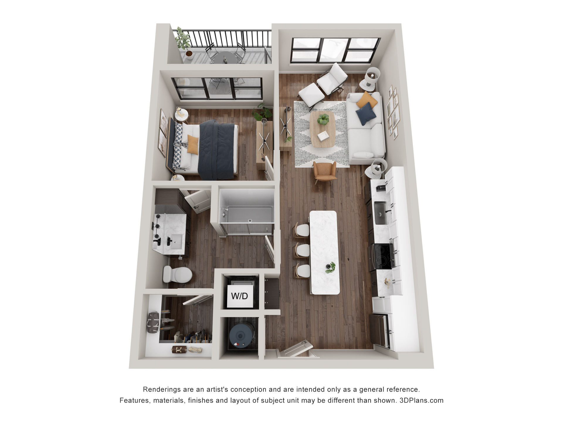 A 3D image of the The North floorplan, a 678 squarefoot, 1 bed / 1 bath unit