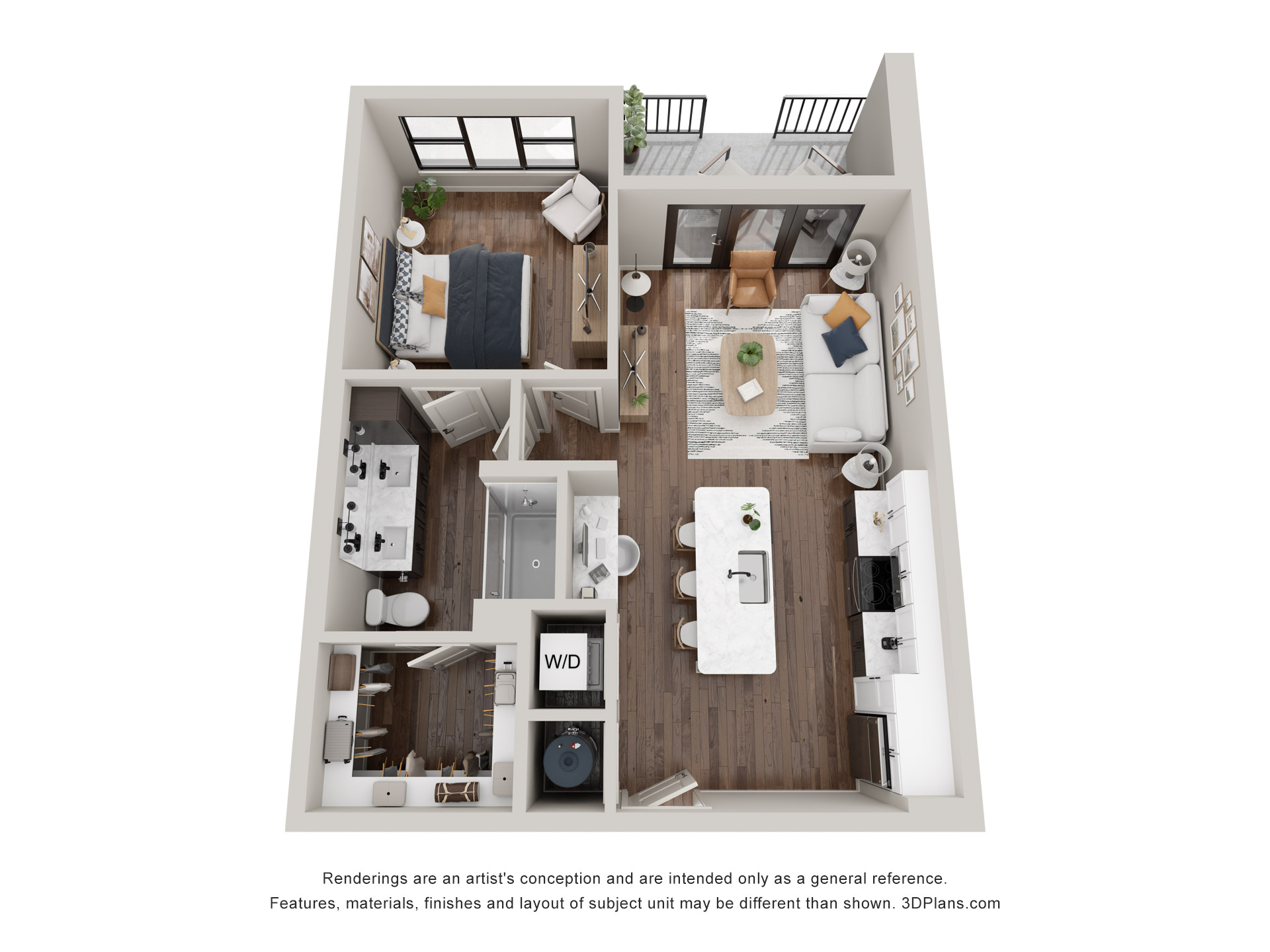 A 3D image of the The George floorplan, a 716 squarefoot, 1 bed / 1 bath unit