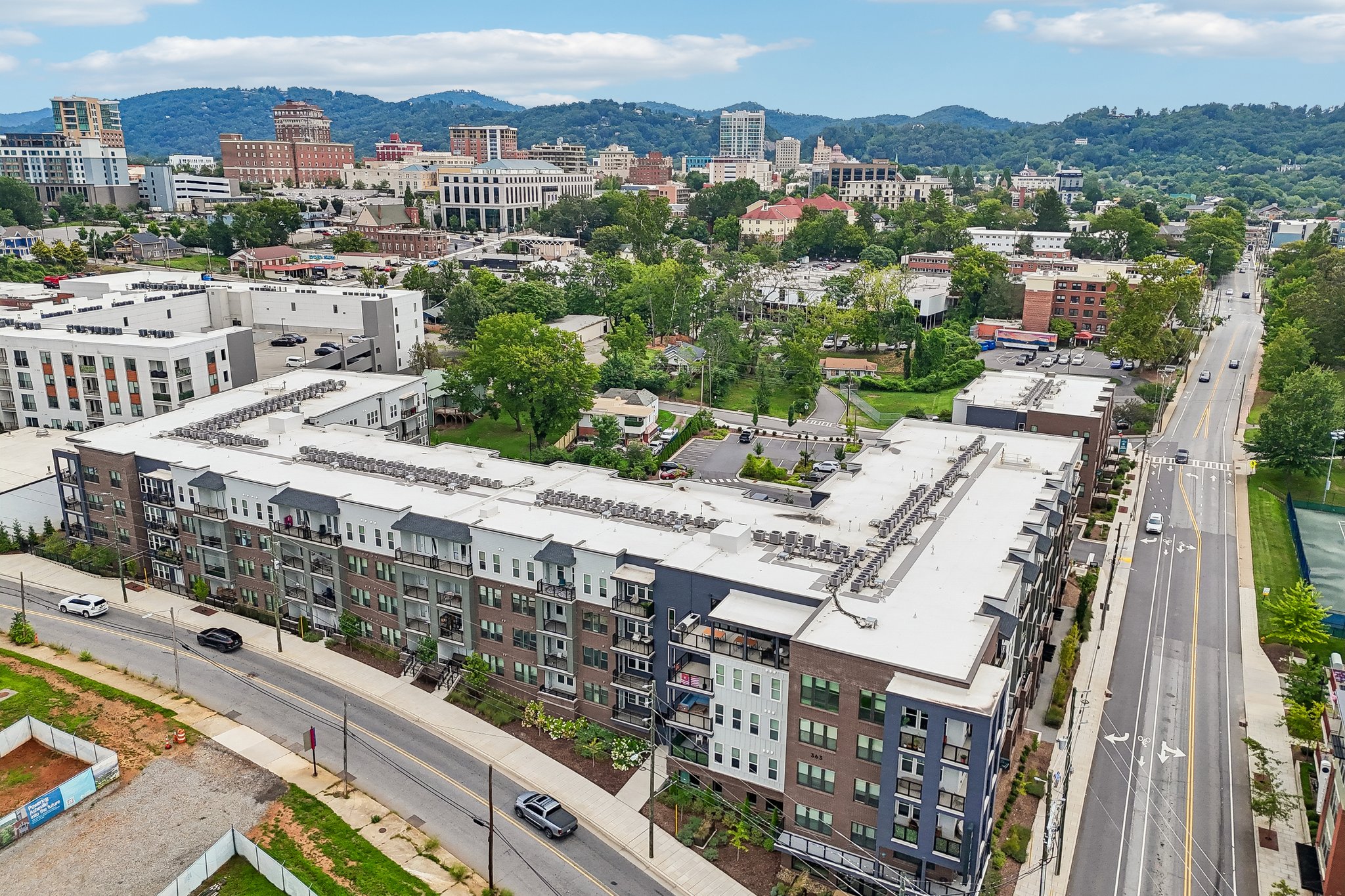 Aerial view of The Avery apartments and Downtown Asheville