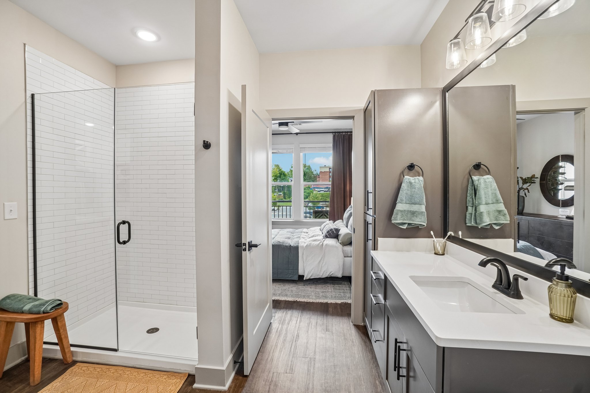 Model bathroom with tile surround walk-in shower